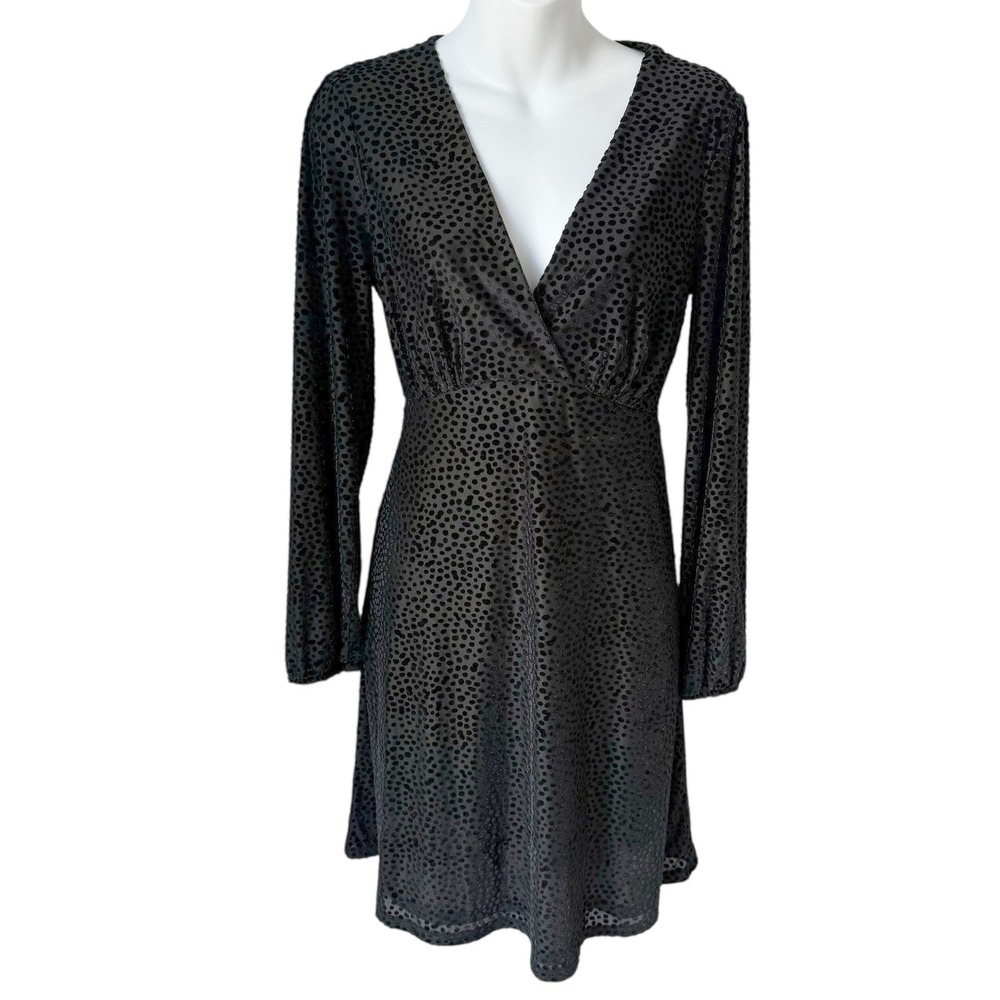 Womens Burnout Velvet Black Dress Small Faux Wrap Long Sleeves Lined Whimsigoth